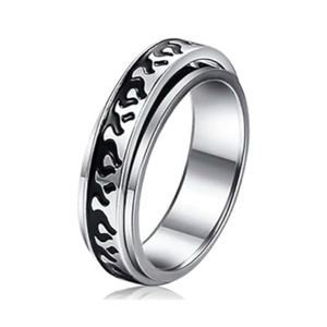Stainless Steel Flame Spinner Ring - Black Silver Band Fidget Ring